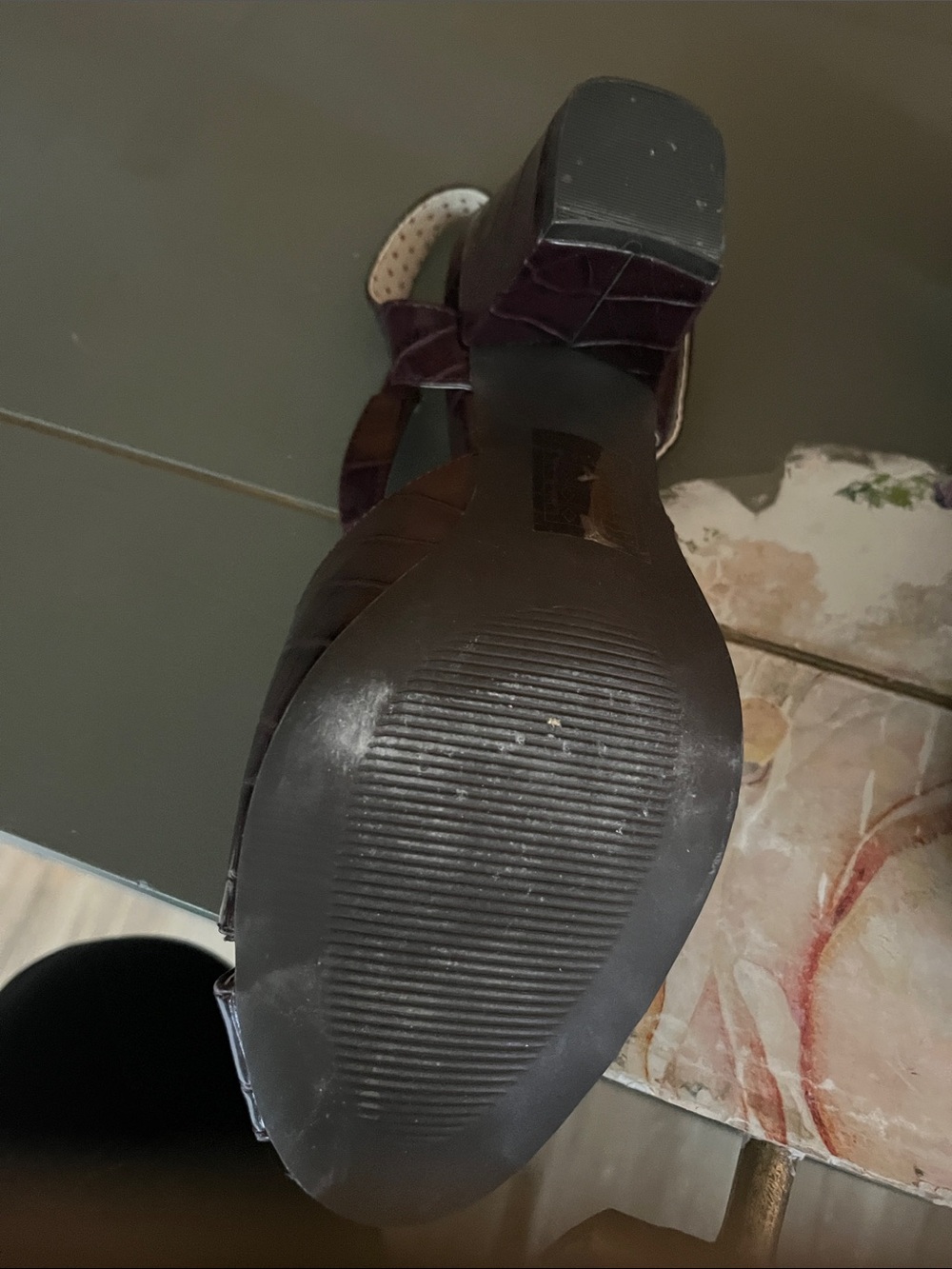Patent Croc-Embossed Peep-Toe Slingback Heels in Dark Burgundy - Picture 3 of 11